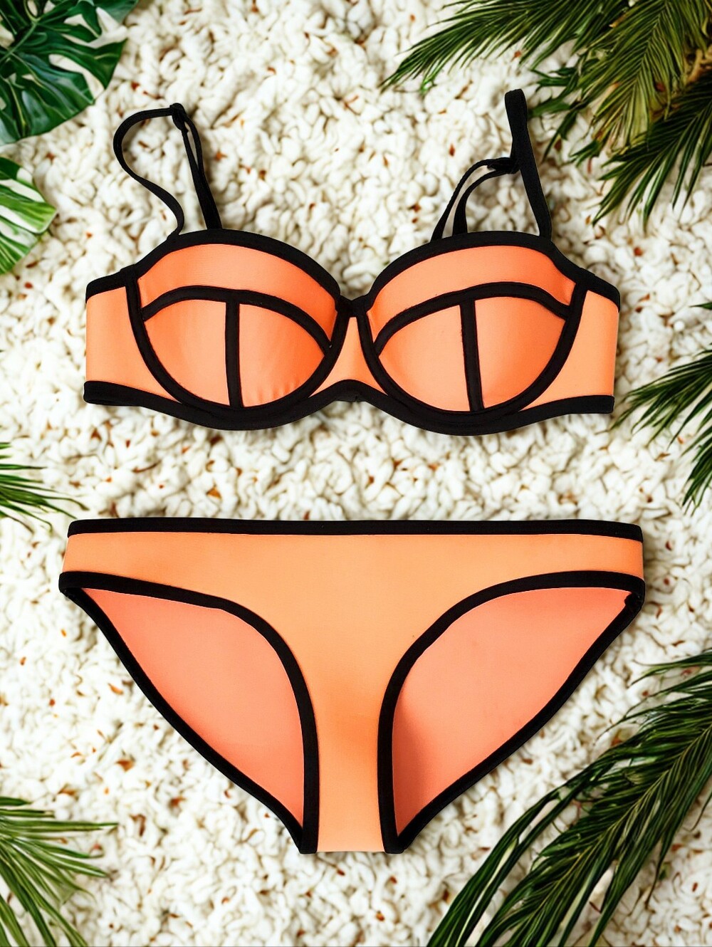 Triangl Women's Neoprene Colorblock Bikini Set Coral With Black Trim Size XS/S